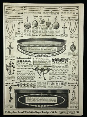 1918 Simpson Company Catalog Pearl Necklaces Rings Lockets Print Ad 410A