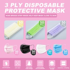 50PCs 3-PLY Layer Disposable Face Mask Dust Filter Safety Pink/White/Blue/Black