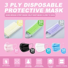 [50PCs]3-PLY Layer Disposable Face Mask Dust Filter Safety Pink/White/Blue/Black
