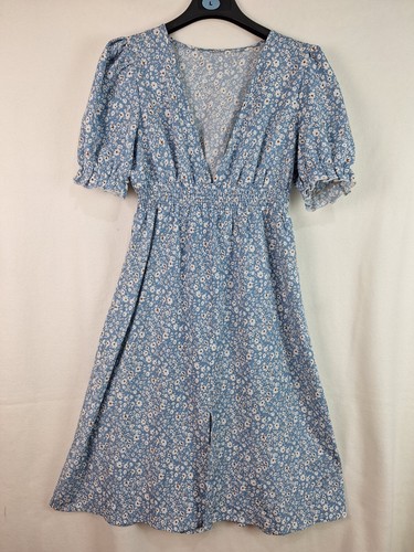Shein Womens Blue Floral V-neck Puff Sleeve Casual Dress Size Large