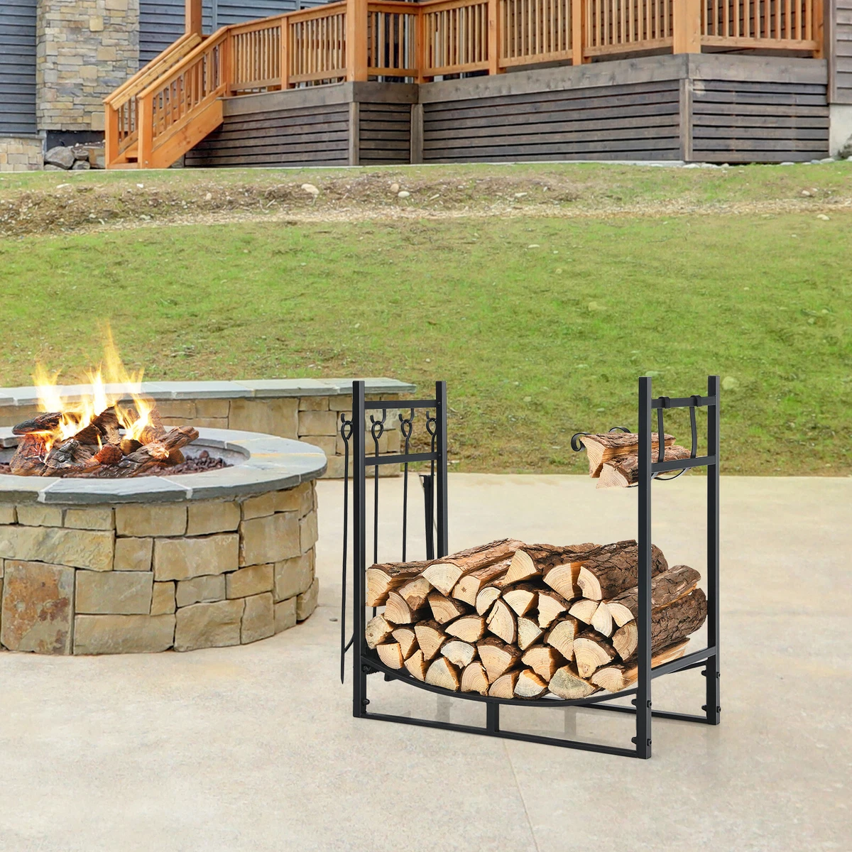 30” Sturdy Metal Firewood Rack u0026amp; Tool Set Heavy-Duty Wood Storage  Stacker | eBay