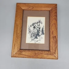 Vintage Rustic Wood Mill Sketch 1971 Wooden frame 9.25 X 7.25 inches Signed