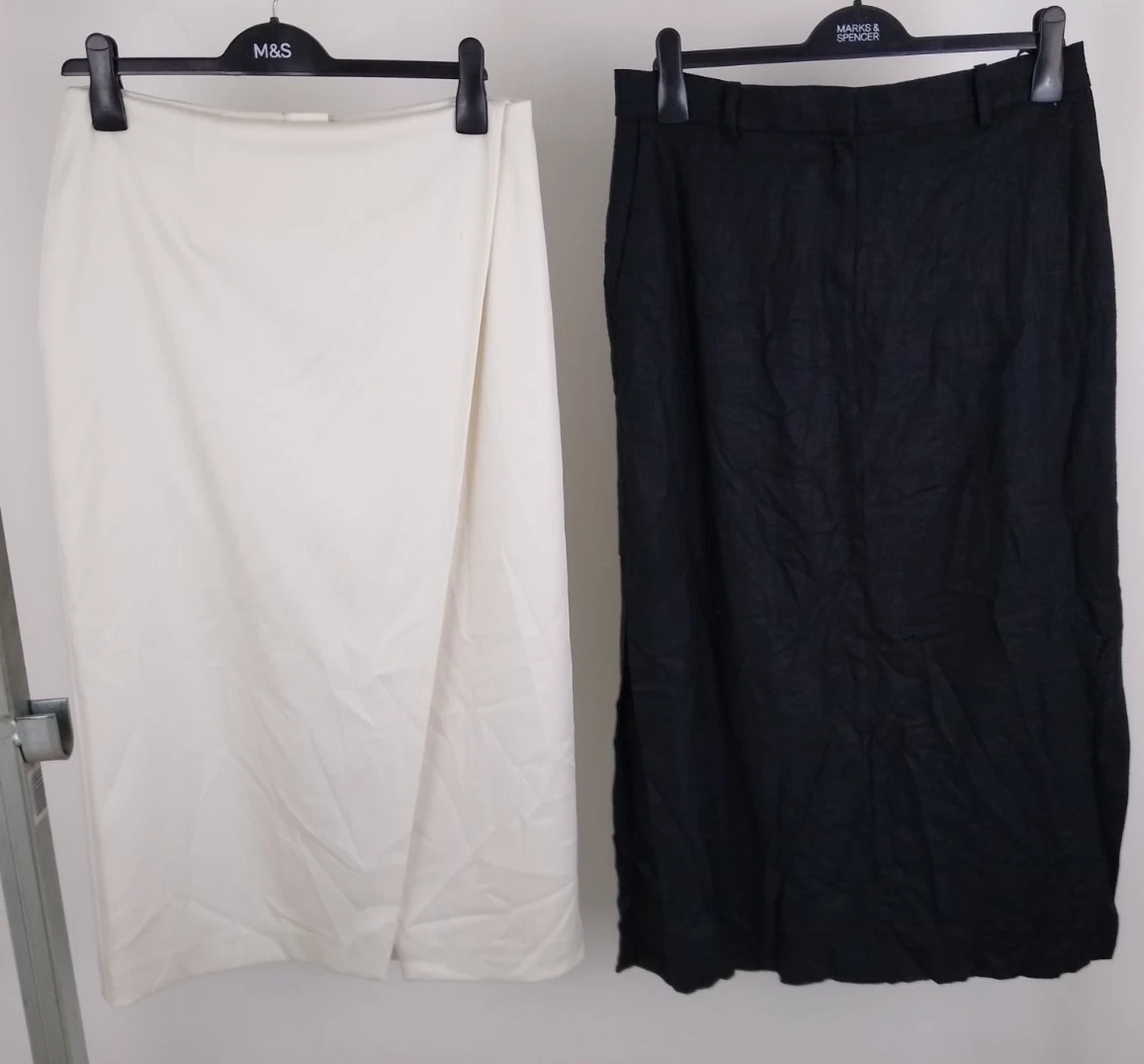 M&S Women's 2Pcs Midi Skirts Size 14 REG Black Linen & White Mock Wrap NEW