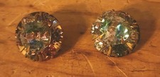 Vintage Aurora Borealis Rhinestone Button Pair Two 1" Diameter Very Sparkly