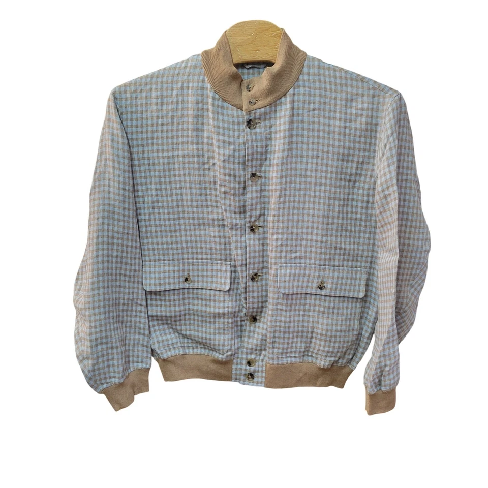 Maus & Hoffman 58 3XL Made in Italy Brown Blue Gingham 100% Flax Bomber Jacket - Image 2 of 4