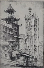 HARRIET ROUDEBUSH Signed Chinatown FRAMED & Matted Etching Print | Cable Car