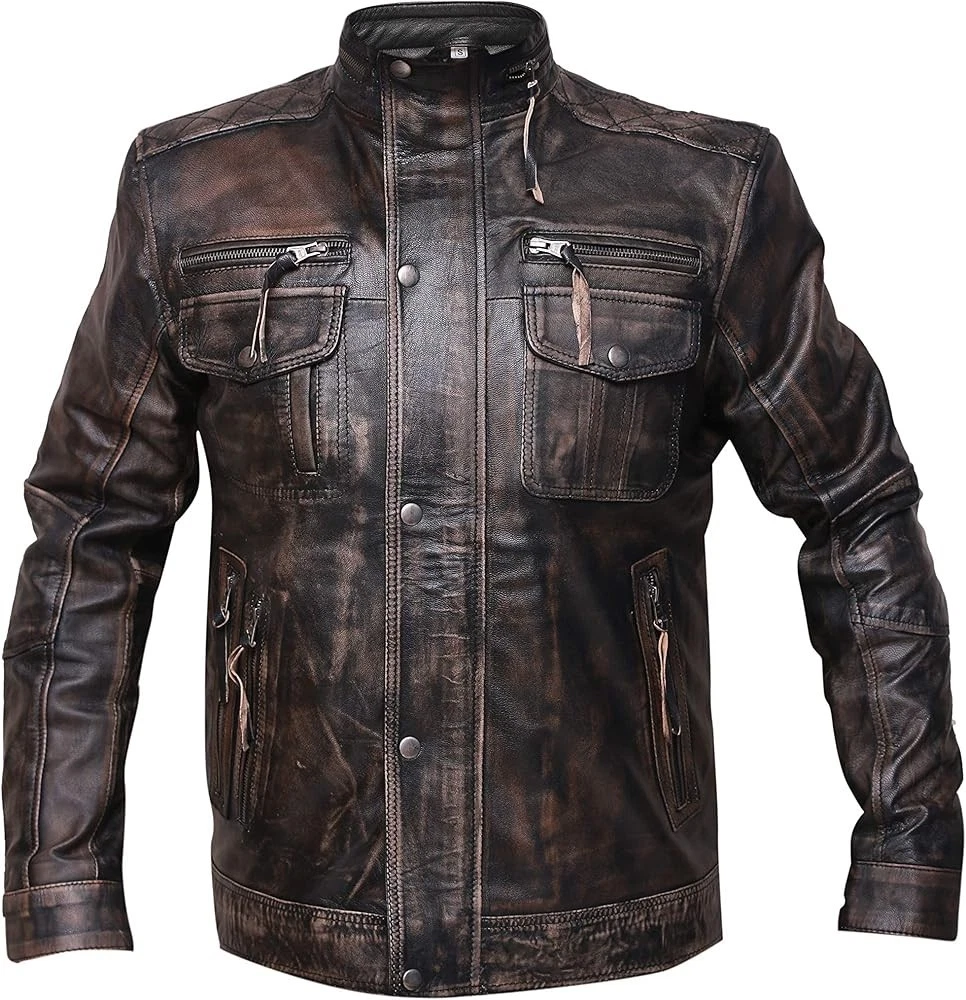 Men’s Distressed Brown Leather Biker Jacket Vintage Style Cafe Racer Jacket
Opens in a new window or