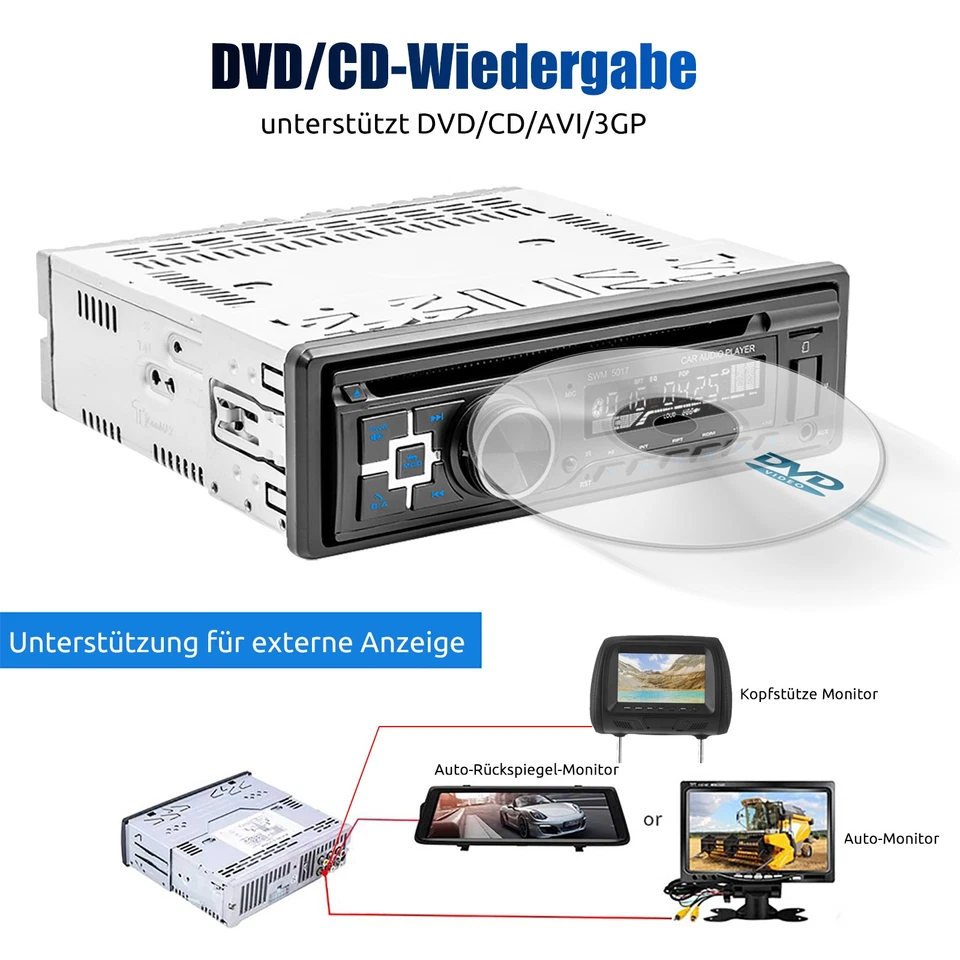 Autoradio mit Bluetooth BT Freisprech 7 Farben DVD CD 1DIN MP3 Player USB Aux FM - Bild 3 von 4