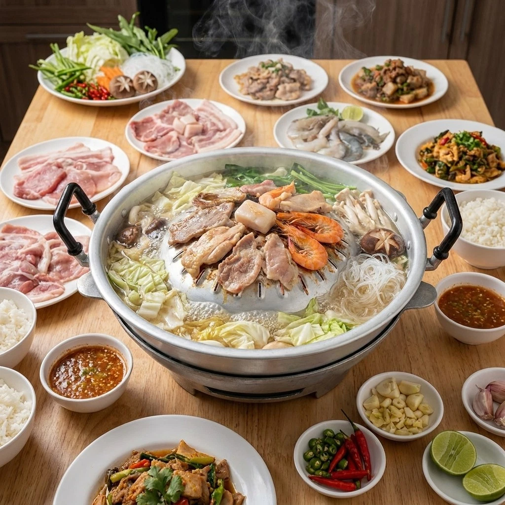 Thai BBQ Grill Pan with Stove Traditional Korean BBQ Mu Kratha Cooker Size 30 CM