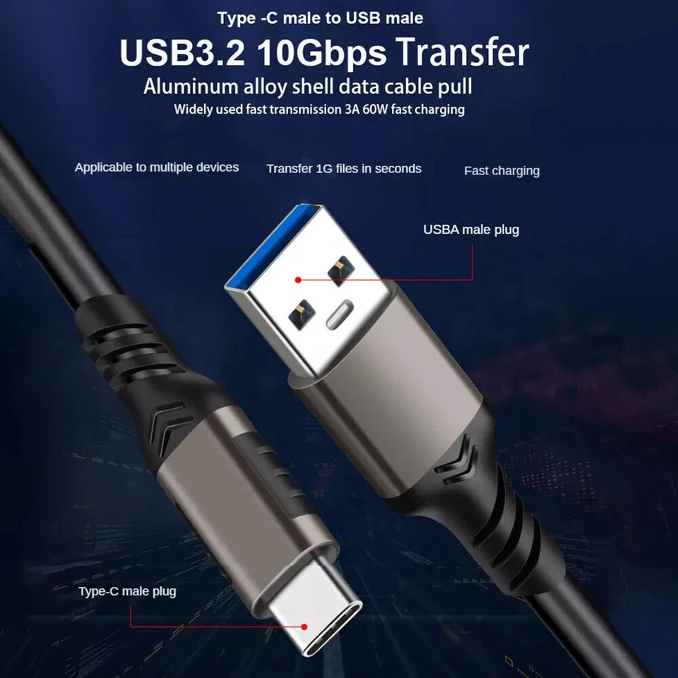 USB3.2 Gen2 Type A to USB C 10Gbps Cable Type C Data Cable 60W PD Fast Charging - Image 2 of 4