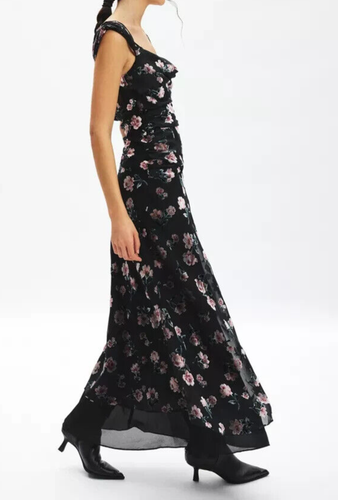 NWT FOR LOVE & LEMONS AIGRETTE FLORAL VELVET BURNOUT MAXI DRESS, SZ L