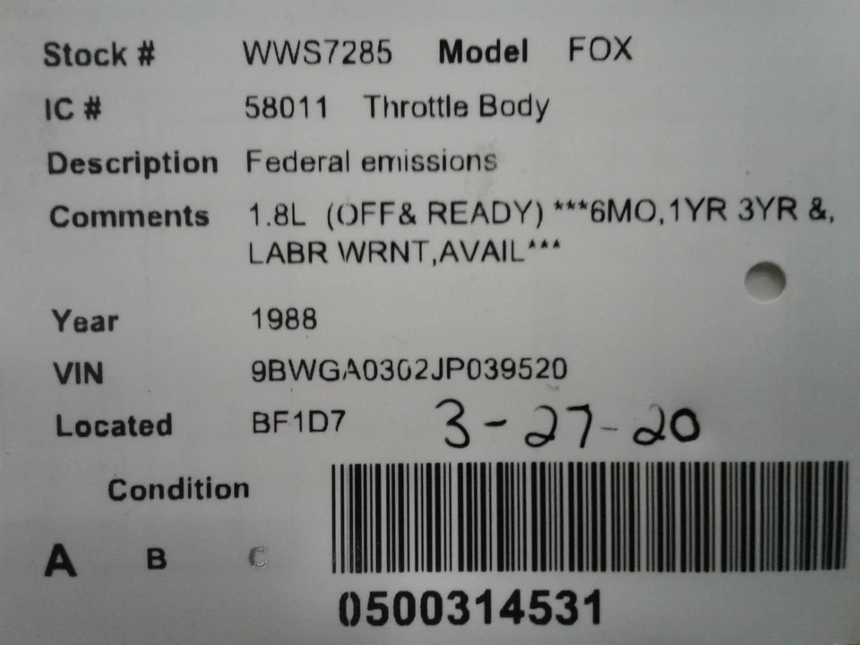 Used Fuel Injection Throttle Body fits: 1988 Volkswagen Fox Canada emissions Gra Foto 3 de 4