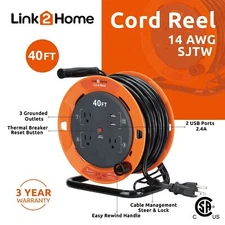 Link2Home 40 Ft. Retractable Extension Cord Reel with 3 Outlets and 2 USB,