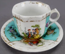Dresden Hand Painted Watteau Scene & Turquoise Aqua Demitasse Cup & Saucer
