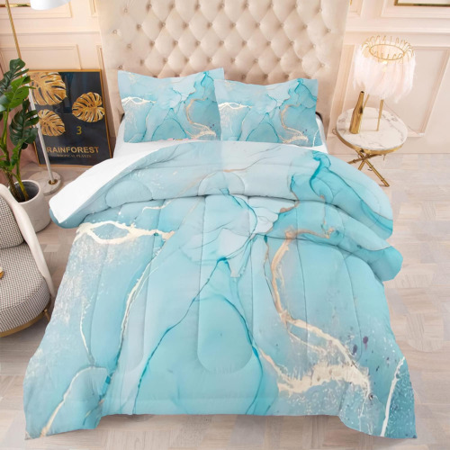 Aqua Blue Marble Bedding Set Twin Size for Girls Teens Adult Gold Glitter Abstra