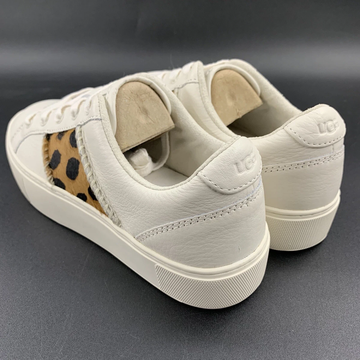 UGG Women 7 Dinale Cheetah Print Sneaker White Butterscotch Leather Cow Hair