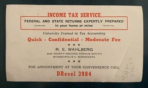Income Tax Service Minneapolis MN Accounting VINTAGE Postcard AD R. E. Wahlberg