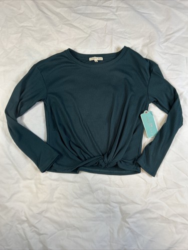 NWT Copper key girls large green knit long sleeve top with Knot at waist