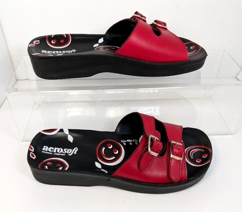 Sandalias Aerosoft Slide Hebilla Rojo Negro Smiley Smile Mujer 38 (7) Foto 2 de 4