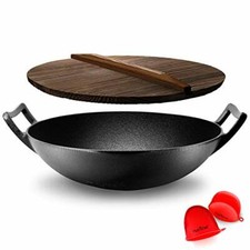 Nutrichef NCCIWOK60 Pre-Seasoned Cast Iron Stir Fry Large Wok Pan w/ Wooden Lid