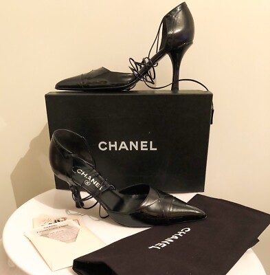 Chanel Vintage Black Patent & Leather Pointed Toe Lace Up Ankle
