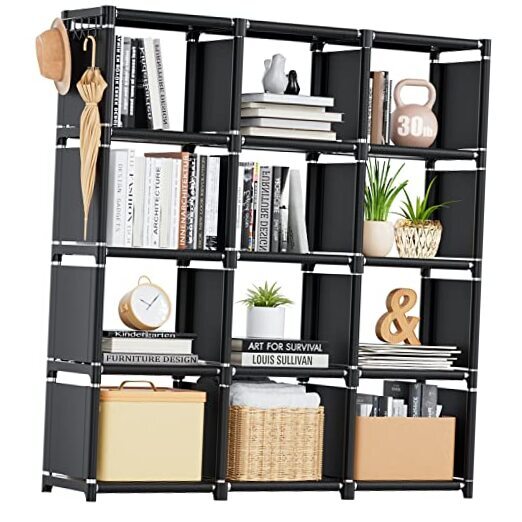 12-Cube Black Metal Bookcase Shelf DIY Storage Organizer with 12 Grids