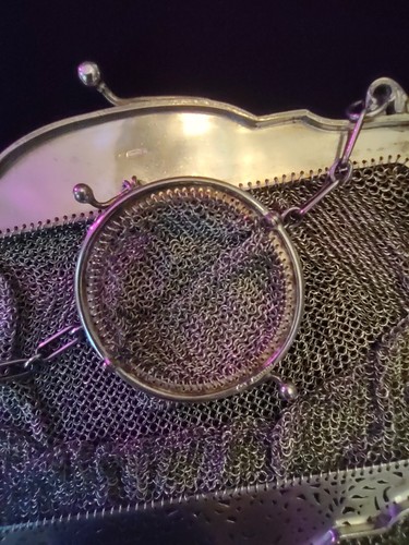 Impresionante Bolso de Malla de Plata Esterlina Victoriana con Cartera de Monedas Dije Esmaltado Azul 194G - Imagen 23 de 24