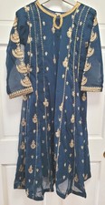 3pc Embroidered Sequin Cotton Chiffon Salwar Kameez  Dupatta - Navy Blue - S