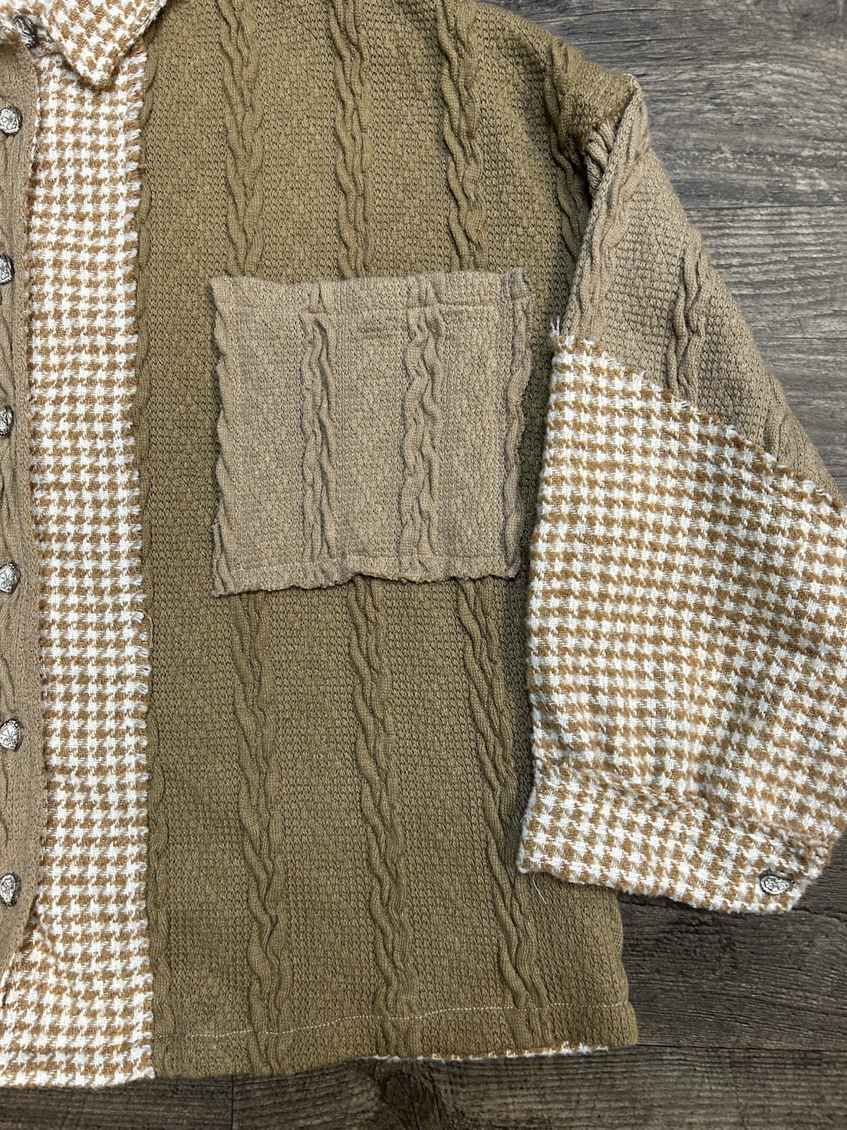 POL Pieced Patchwork Houndstooth Shacket Mocha Mu… - image 4