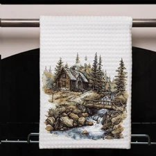 Rustic Lodge Cabin Towel Forest Bridge Pine Tree Kitchen Bath Decor 16x24 Waffle