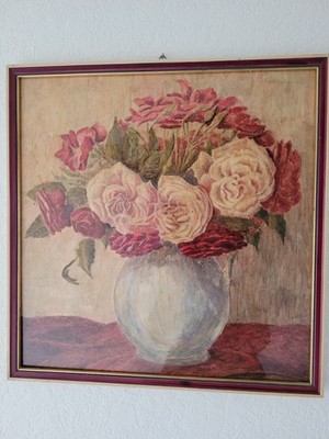 Blumen In Vase, signiert, Rosen, Stillleben, Gemälde 41 x 41cm , Wachsmalfarbe