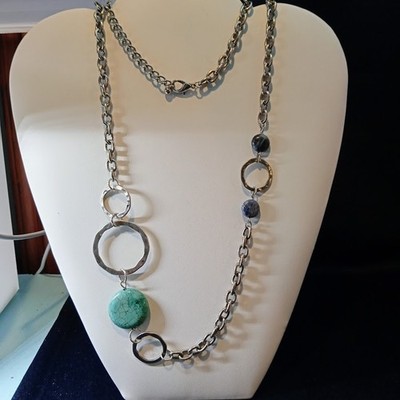 VTG 36''L Station Element Necklace by Etienne Aigner Silver Tone Rings Stones