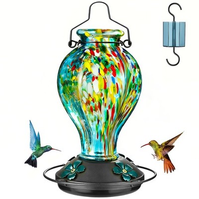 Hand Blown Glass Hummingbird Feeders for Outdoors Hanging, 24oz Wild Bird Nec...