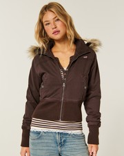 Hollister Peyton Twill Jacket Brown Women Size Full Zip Hooded