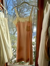 1940s Peach Silk Slip Dress with Antique Lace Appliqu    Pure Silk Boudoir Dress