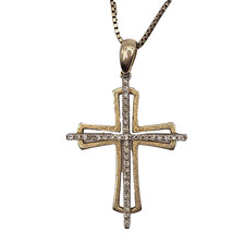 Elegant 14K Yellow Gold Diamond 1" Cross Pendant w/ 17" Chain Religious Necklace