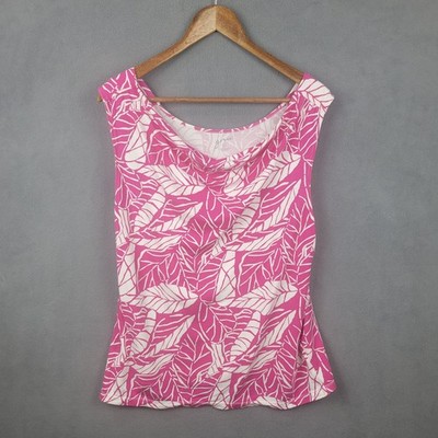 Gnw Blouse Top Womens Large Pink White Satin Leaf Print Nylon Cowl Neck Casual