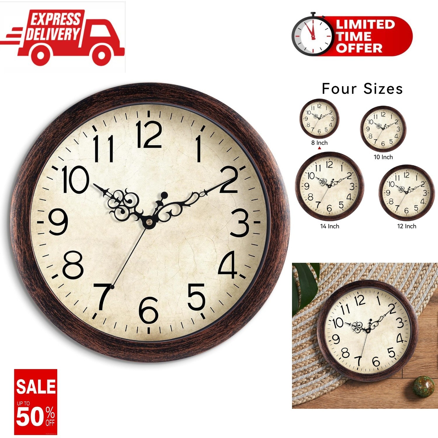 Vintage Wall Clock Silent Non Ticking Battery Operated Quartz 20 cm Decorative