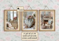 Shabby Chic Style Wall Art French Decor Romantic Bedroom Set x3 A4 Prints