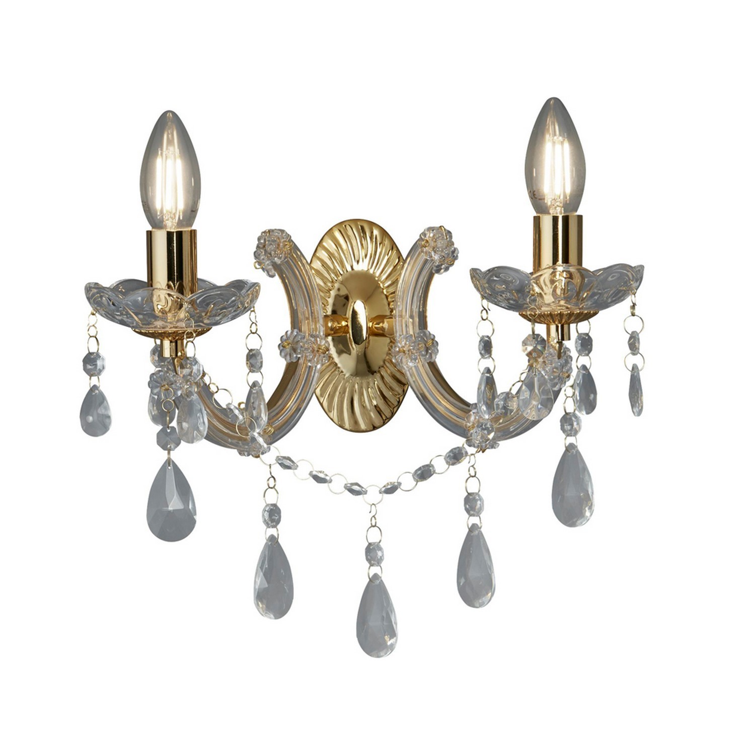 2 Light Bulbs Polished Brass Finish Arm Frame Wall Fitting Bracket Crystal Drops