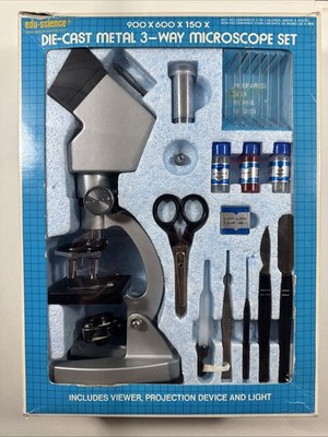 Vintage 1988 Edu-Science Die-Cast Metal 3-Way Microscope Set 900x 600x 150x NIB