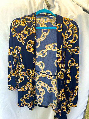 Susan Graver XL Navy/Gold Chain Print Open Front Lightweight 3/4 Sleeve Jacket