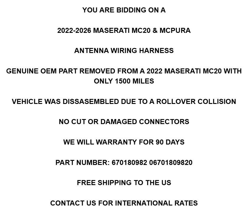 2022-2026 Maserati MC20 MCPura Antenna Wiring Harness OEM 1500 Miles W/Warranty