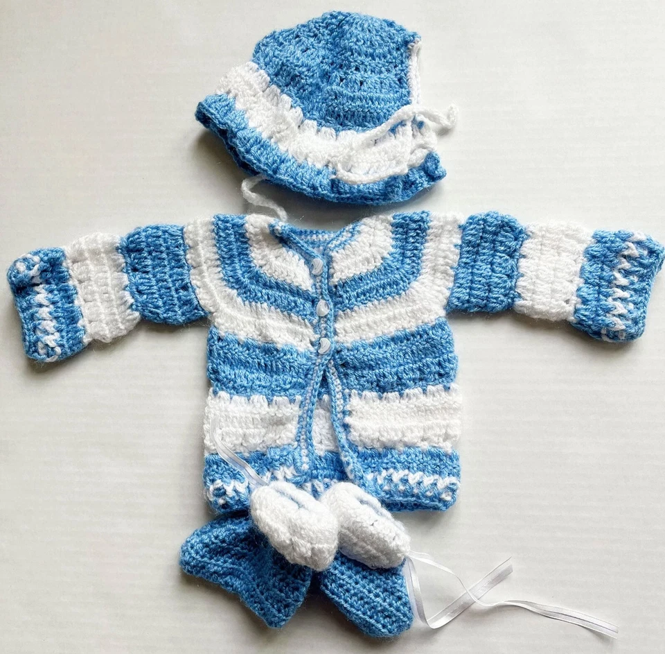 Vestido de ganchillo artesanal azul blanco suéter botines gorra recién nacido ropa de invierno Foto 3 de 4