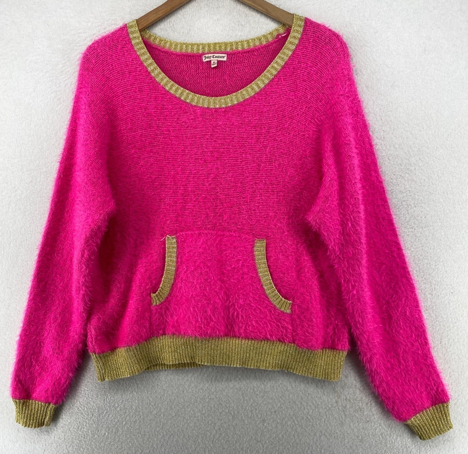 Suéter JUICY COUTURE M Pestañas Difusas Metálicas Borde Dorado Recortado Top Rosa Foto 2 de 4