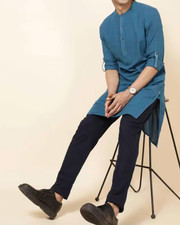 BNWT FabIndia NUIndian Blue Cotton Printed Slim Fit Contrast Trim Long Kurta L