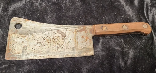Vintage Carbon Steel Three Rivet Handle Meat Cleaver Unbranded 13 3/4" Long