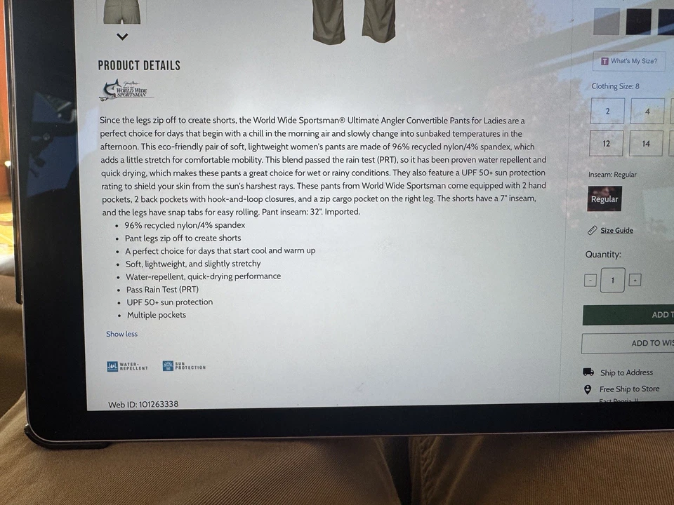 Calça conversível World Wide Sportsman Ultimate Angler feminina spray marinho tamanho 8 - Imagem 2 de 4