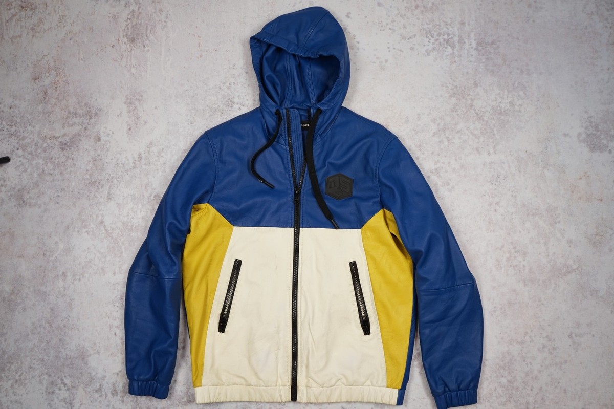 Diesel L-CARR Leather Jacket Size M/L Hooded Colour Block