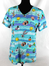 LOONEY TUNES Scrubs Top Woman Size Small Blue Tie Dye S/S Bugs Bunny Tweety Taz